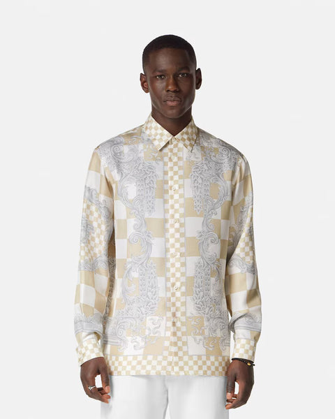 VERSACE Medusa Contrasto Silk Shirt, Light Sand+White