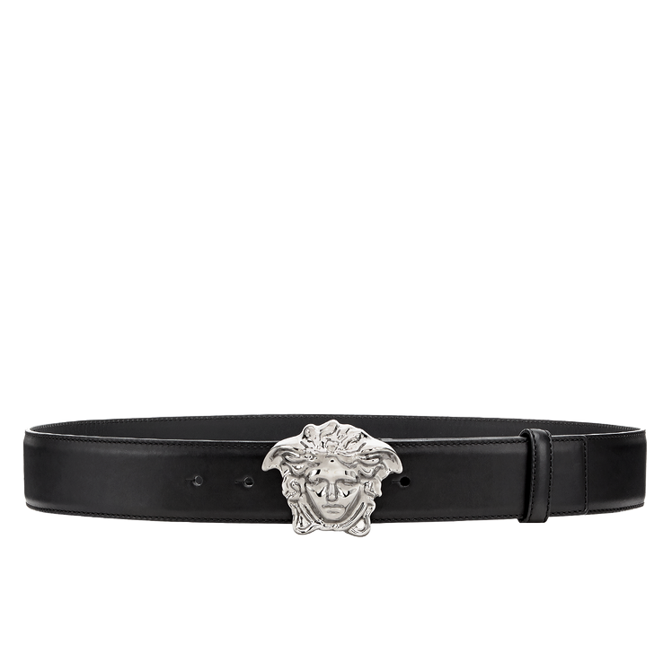 VERSACE Black & Silver Large Medusa Buckle Belt Size 85 or 34 US Leather  ITALY